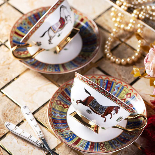 European Style Gold Inlay Coffee Cup and Saucer Set with Holder
