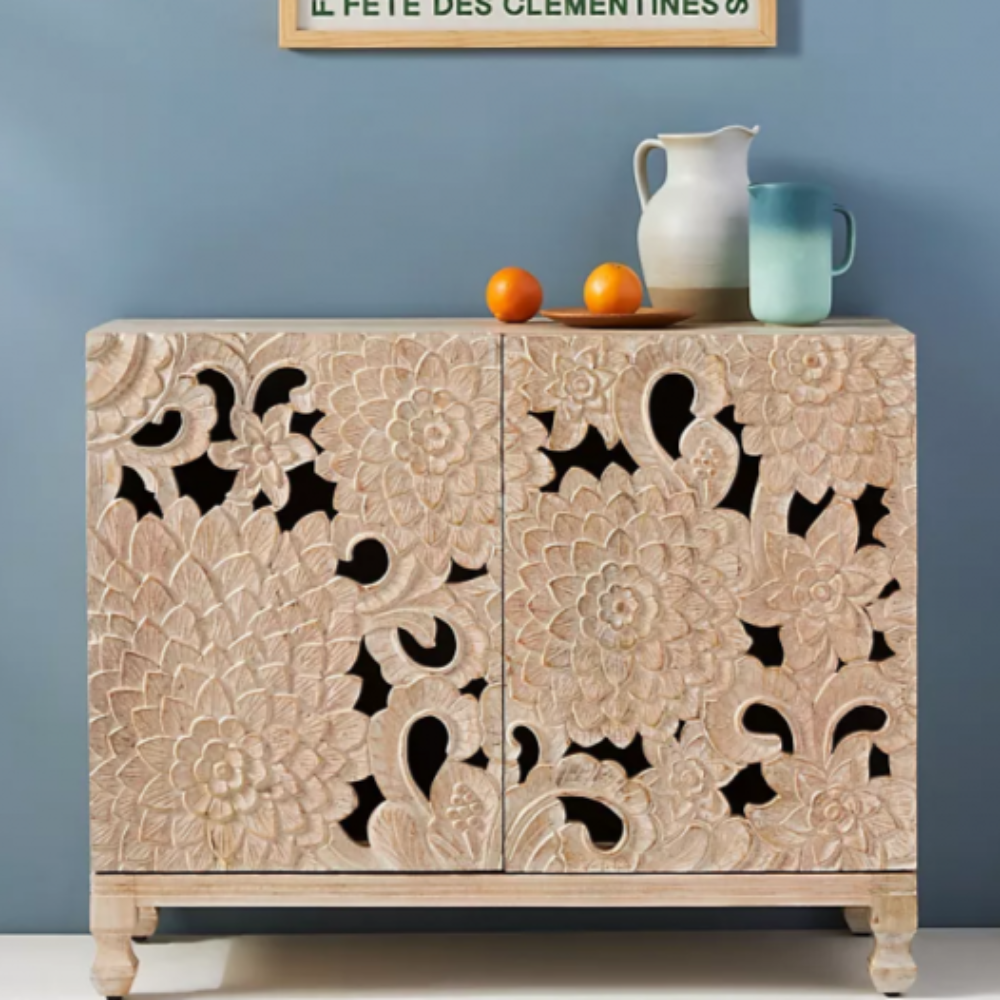 Hand-Carved Wooden Floral Cabinet, a Boho Chic storage unit with intricate flower designs