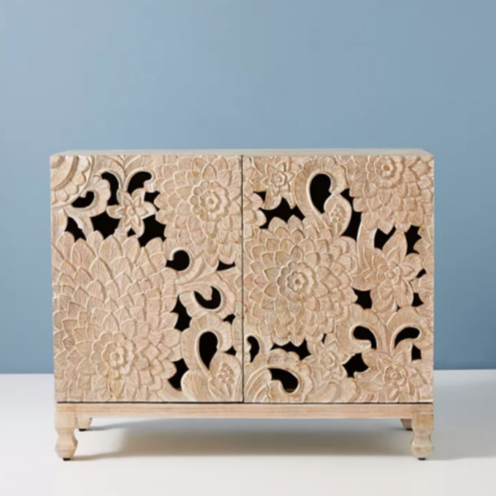 Hand-Carved Wooden Floral Cabinet, a Boho Chic storage unit with intricate flower designs