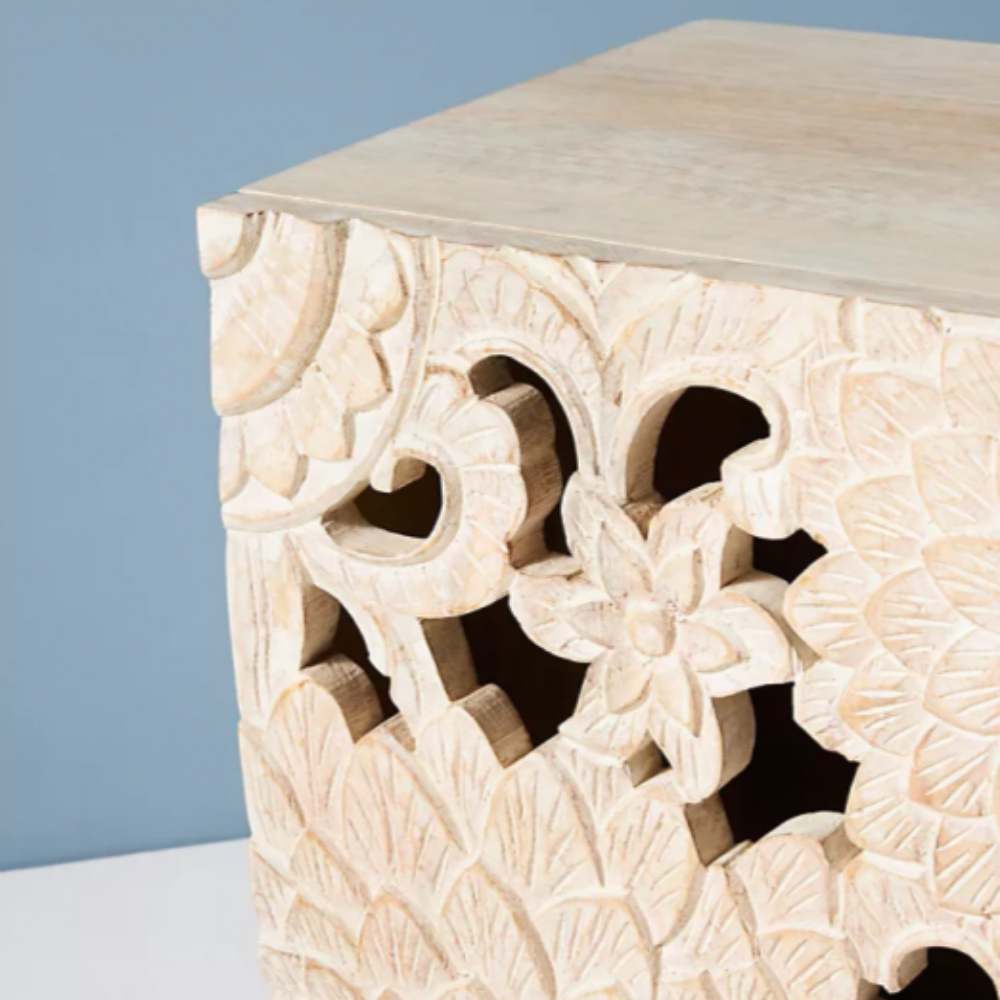 Hand-Carved Wooden Floral Cabinet, a Boho Chic storage unit with intricate flower designs