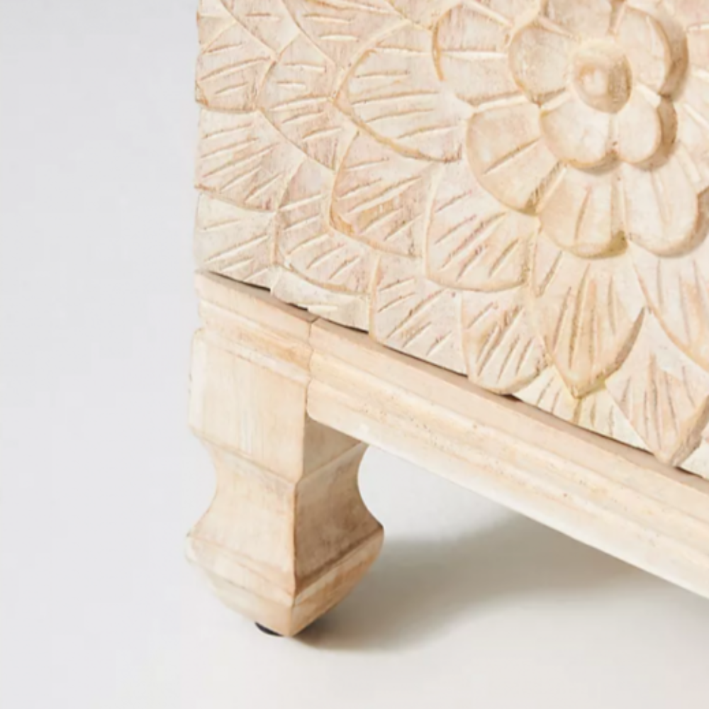 Hand-Carved Wooden Floral Cabinet, a Boho Chic storage unit with intricate flower designs