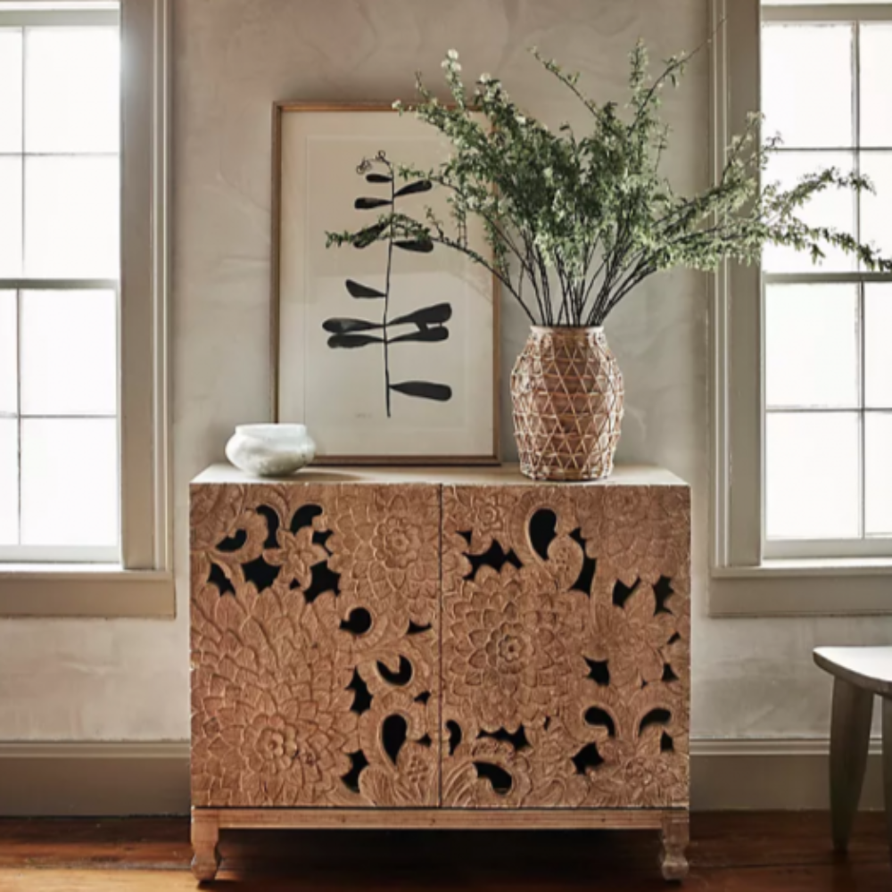 Hand-Carved Wooden Floral Cabinet, a Boho Chic storage unit with intricate flower designs