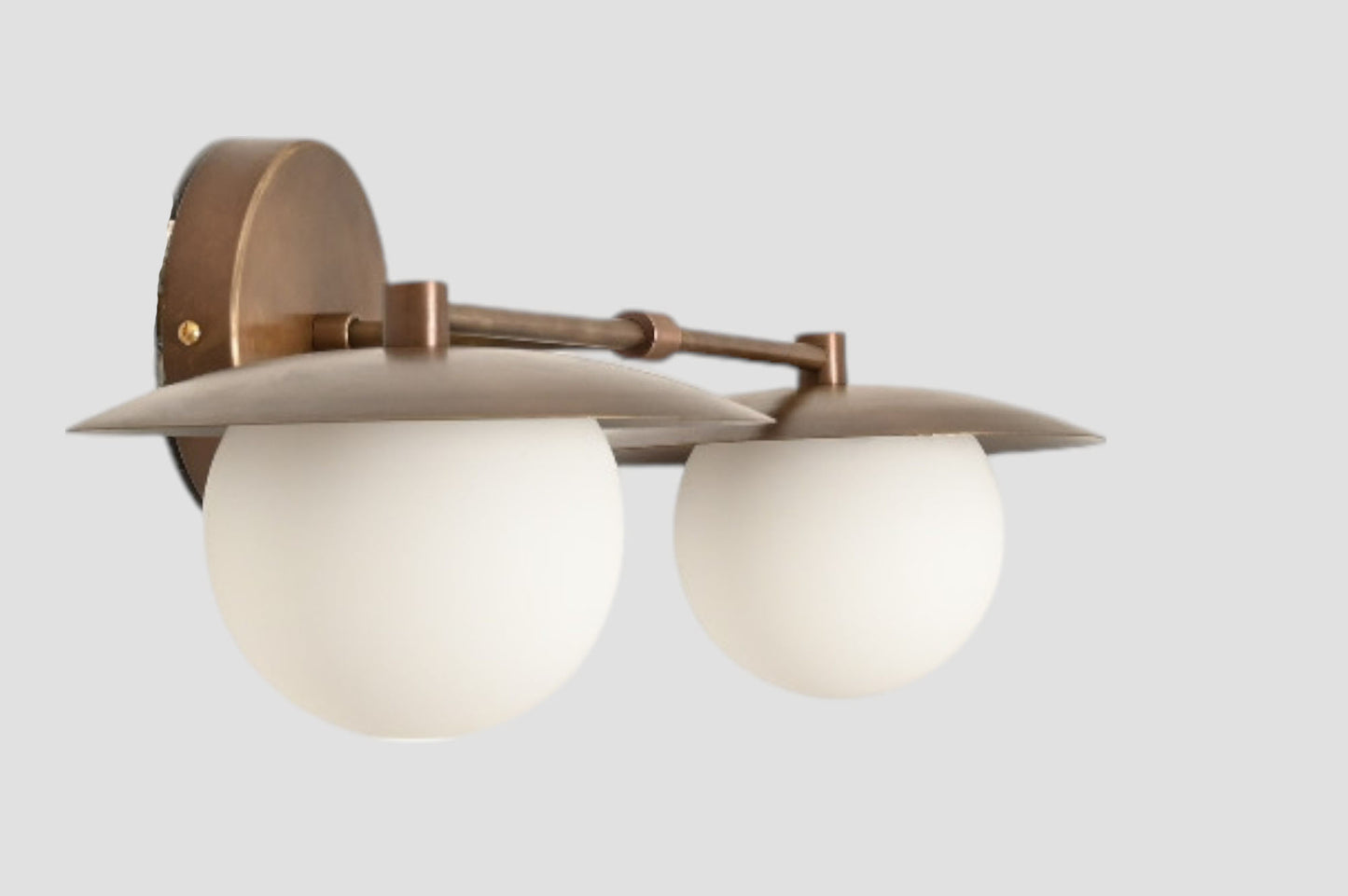 Mid-Century Double Globe Wall Sconce: Brass with opal glass, timeless vintage charm