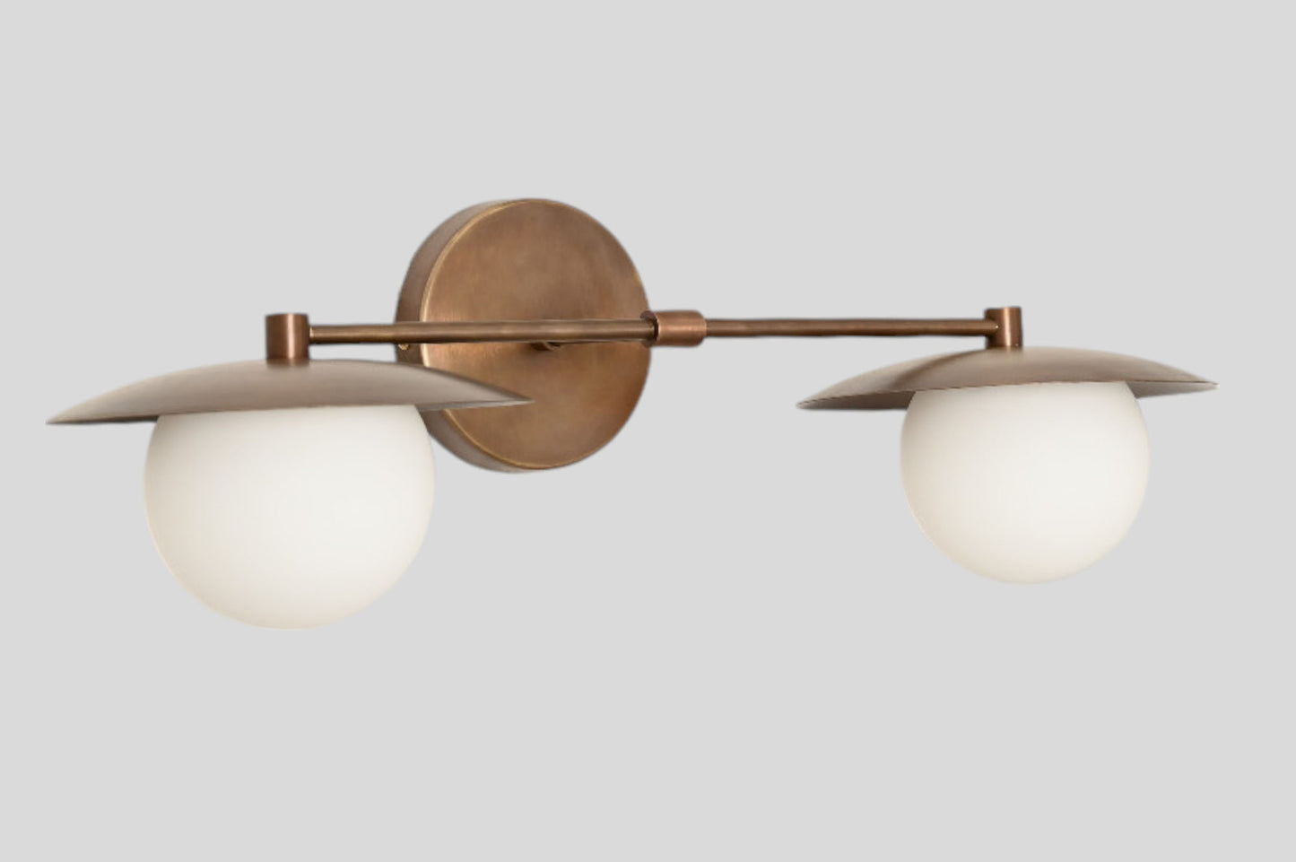 Mid-Century Double Globe Wall Sconce: Brass with opal glass, timeless vintage charm