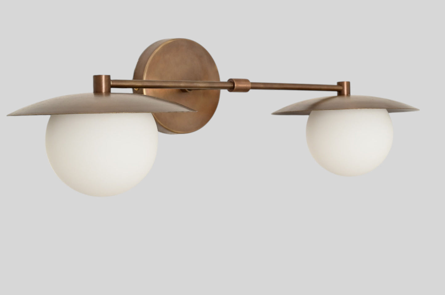 Mid-Century Double Globe Wall Sconce: Brass with opal glass, timeless vintage charm
