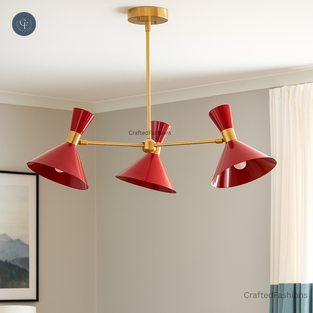 Illuminate your space with the 3-arm brass pendant chandelier in Mid-Century style