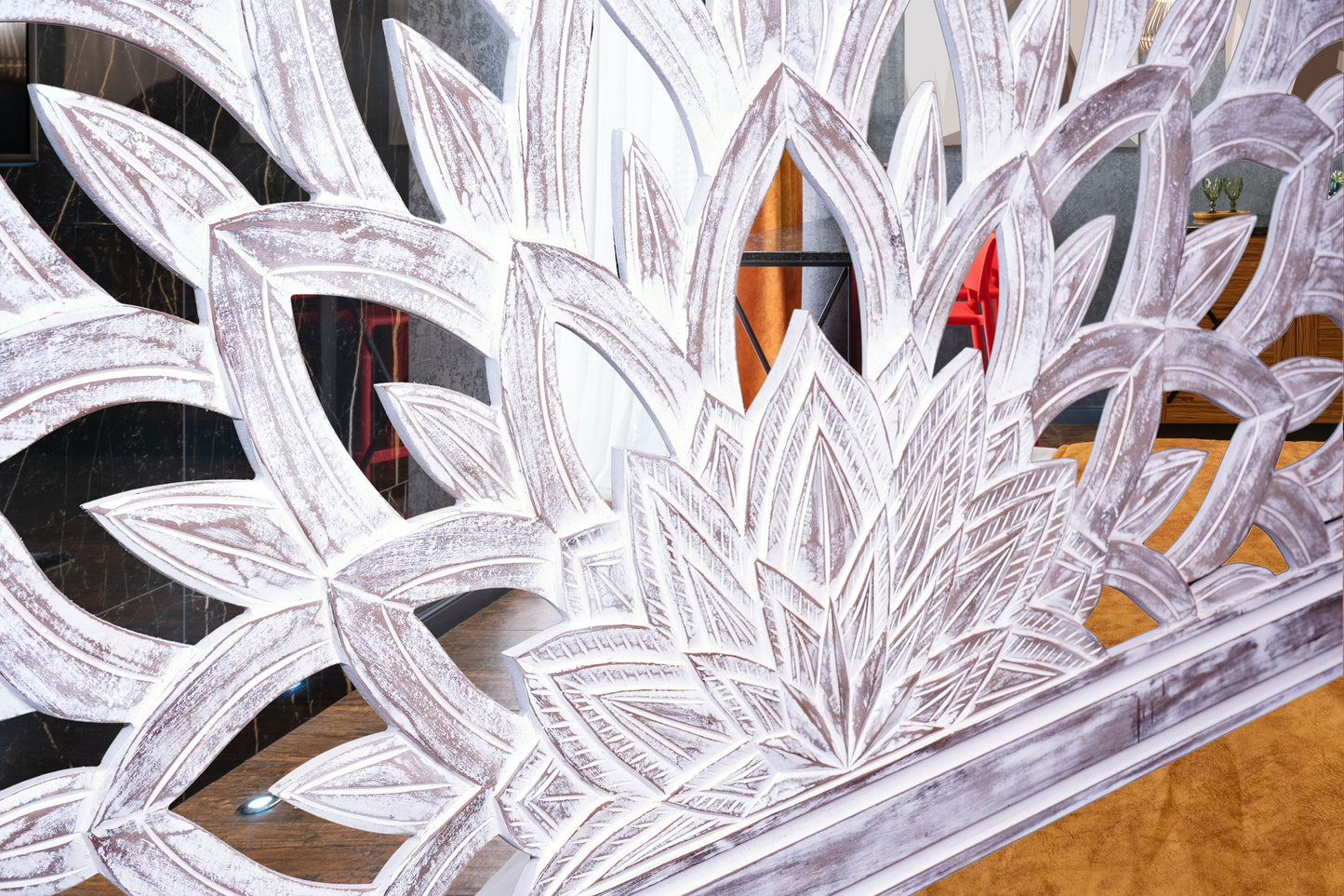 Handmade Carved Bed Headboard Bohemian Half Moon Lotus Decor Boho by Crafted Fashions