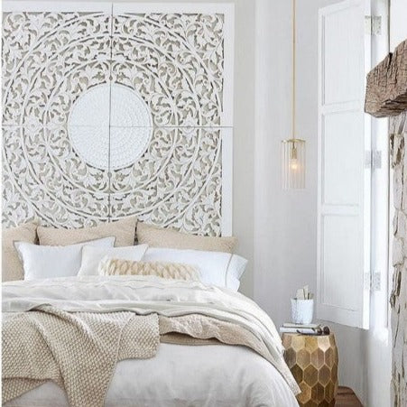 Balinese Hand Carved Mandala Bed Headboard Dahayu Decor Wood Wall Art by Crafted Fashions