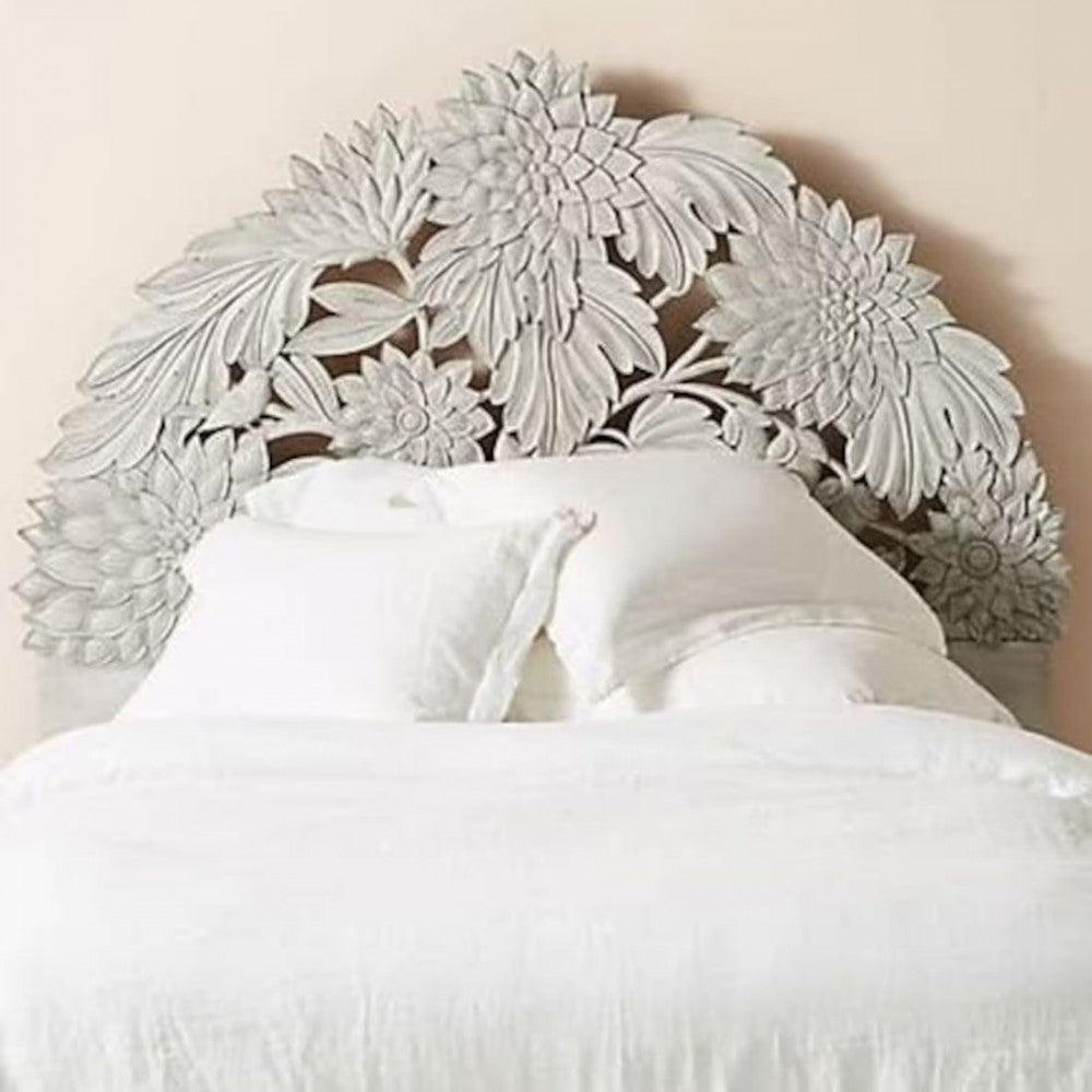 Handmade Carved Bed Headboard Bohemian Half Moon Lotus Decor Boho by Crafted Fashions