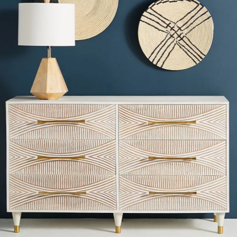 Boho Chic Hand-Carved Wooden Dresser, a vintage-inspired storage piece