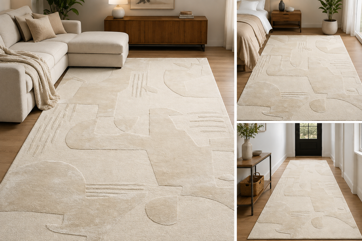 Hand-Tufted Contemporary Rug – Beige Wool, High-Low Pile – view 3