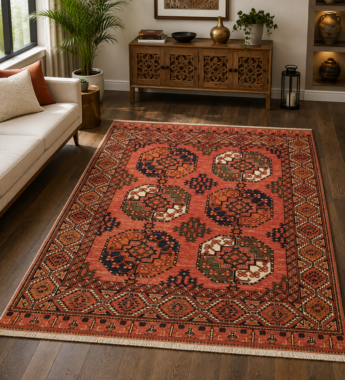 Hand-Knotted Bokhara Rug – Rust & Ivory Large Gul, Wool Cut Pile – view 3