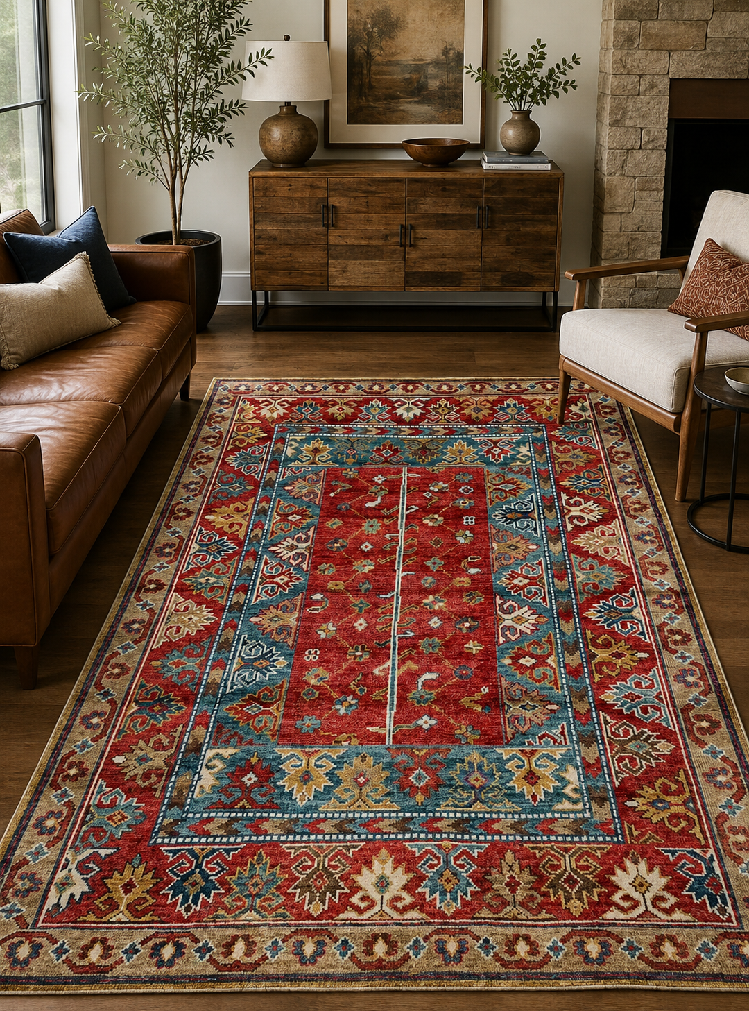 Hand-Knotted Heriz Rug – Natural Brown & Gold Wool & Silk, High-Low Pile – view 2
