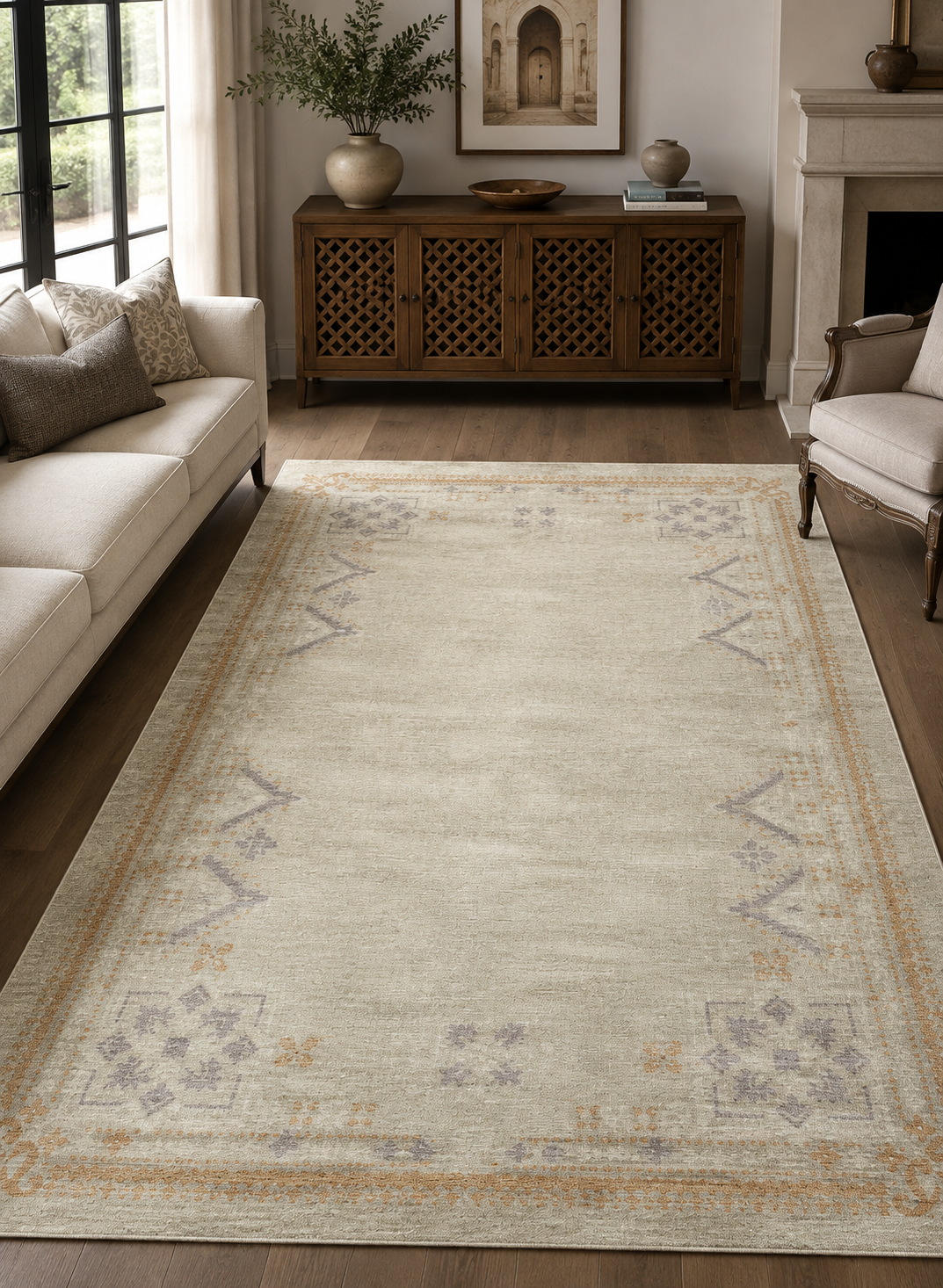 Hand-Knotted Medini Rug – Beige 100% Wool, High-Low Pile – view 3