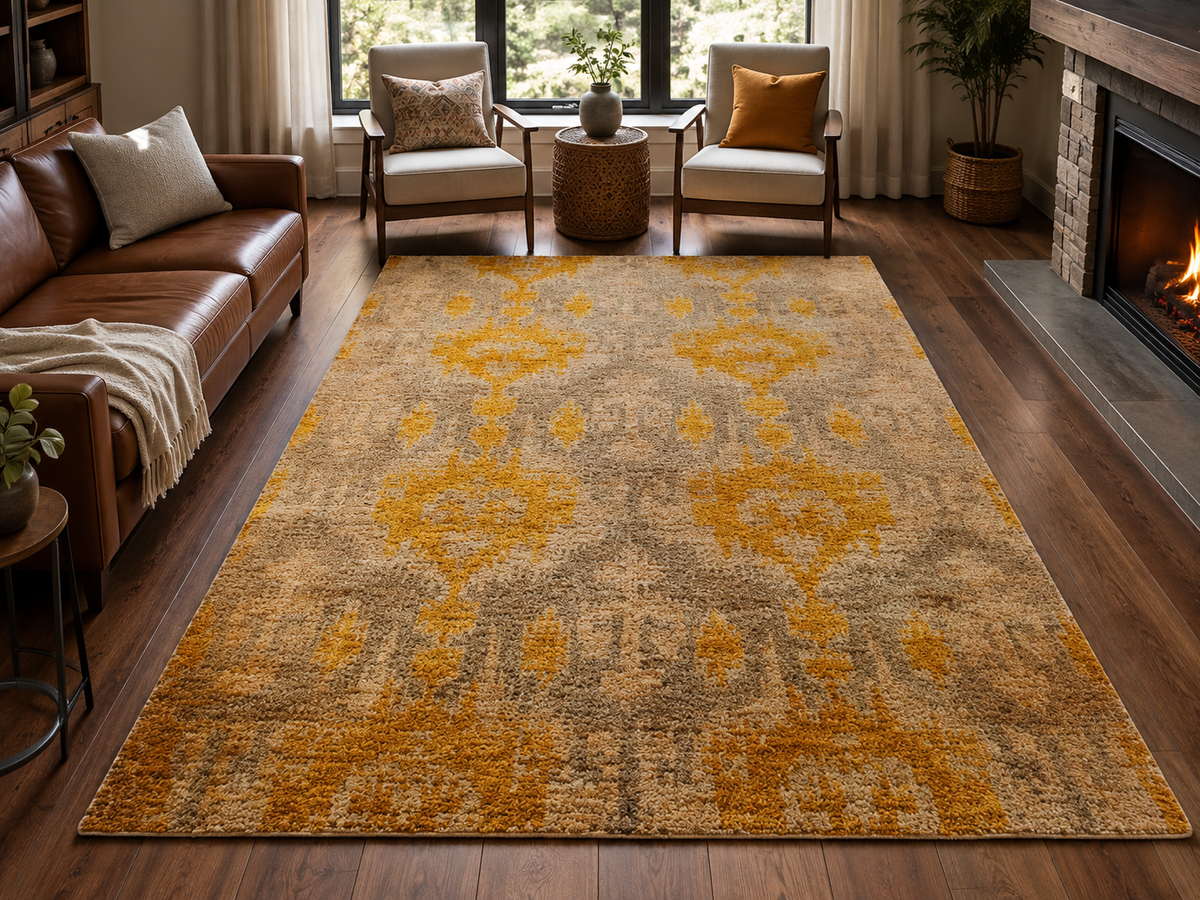 Hand-Knotted Ikkat Rug – Natural & Gold Jute, Cut Pile – view 3