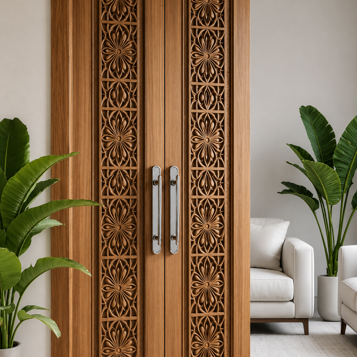 Solid Wood Hand-Carved Double Leaf Door – Intricate Floral Design – view 3