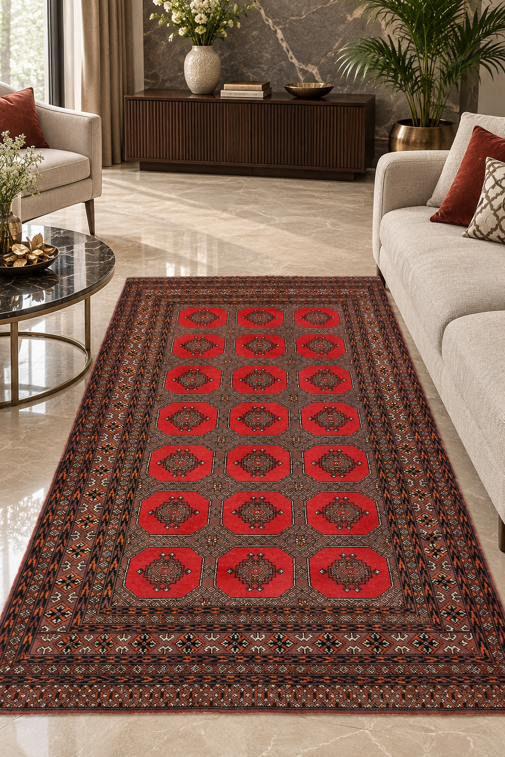 Hand-Knotted Bokhara Rug – Red Octagon Gul Pattern, Wool Cut Pile – view 3