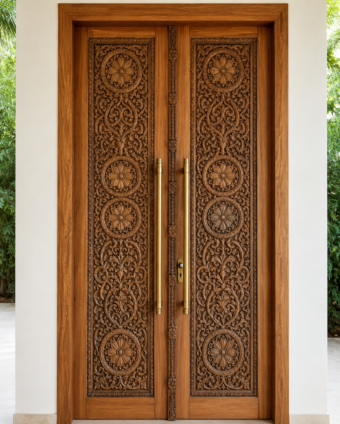 Solid Teak Hand-Carved Double Front Door – Floral Medallion & Vine Carving – view 2