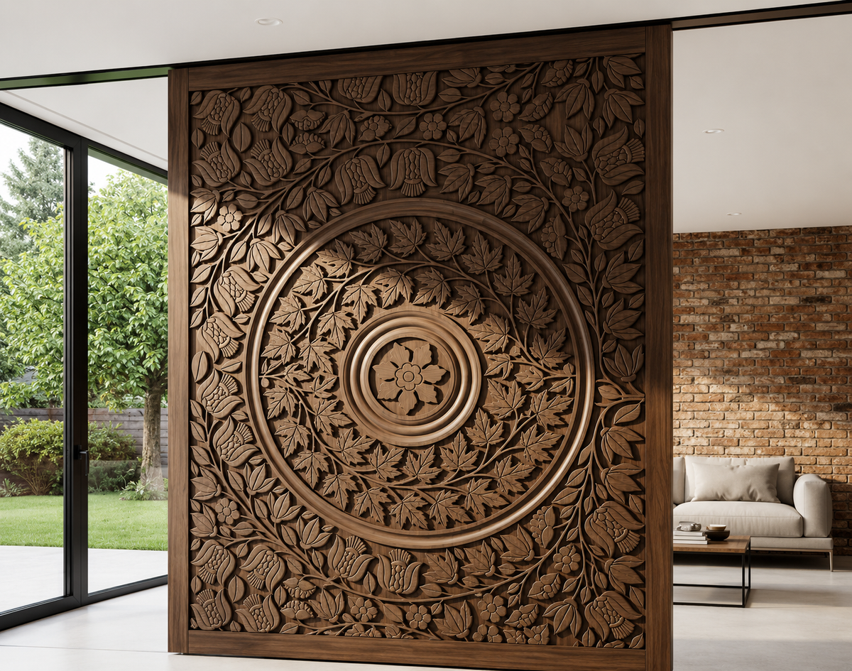 Designer Solid Wood Hand-Carved Sliding Door – Decorative Floral Panel Work – view 3