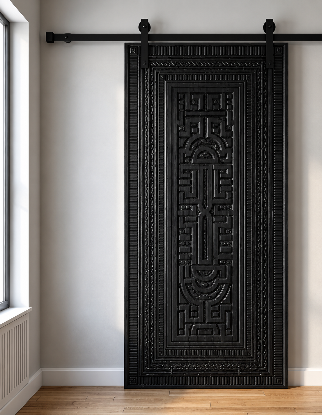 Black Hand-Carved Sliding Barn Door – Modern Geometric Tribal Pattern – view 3