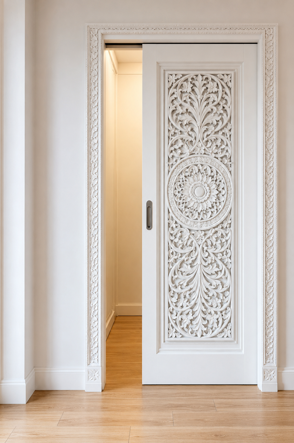 White Hand-Carved Pocket Sliding Door – Floral Mandala Design – view 3