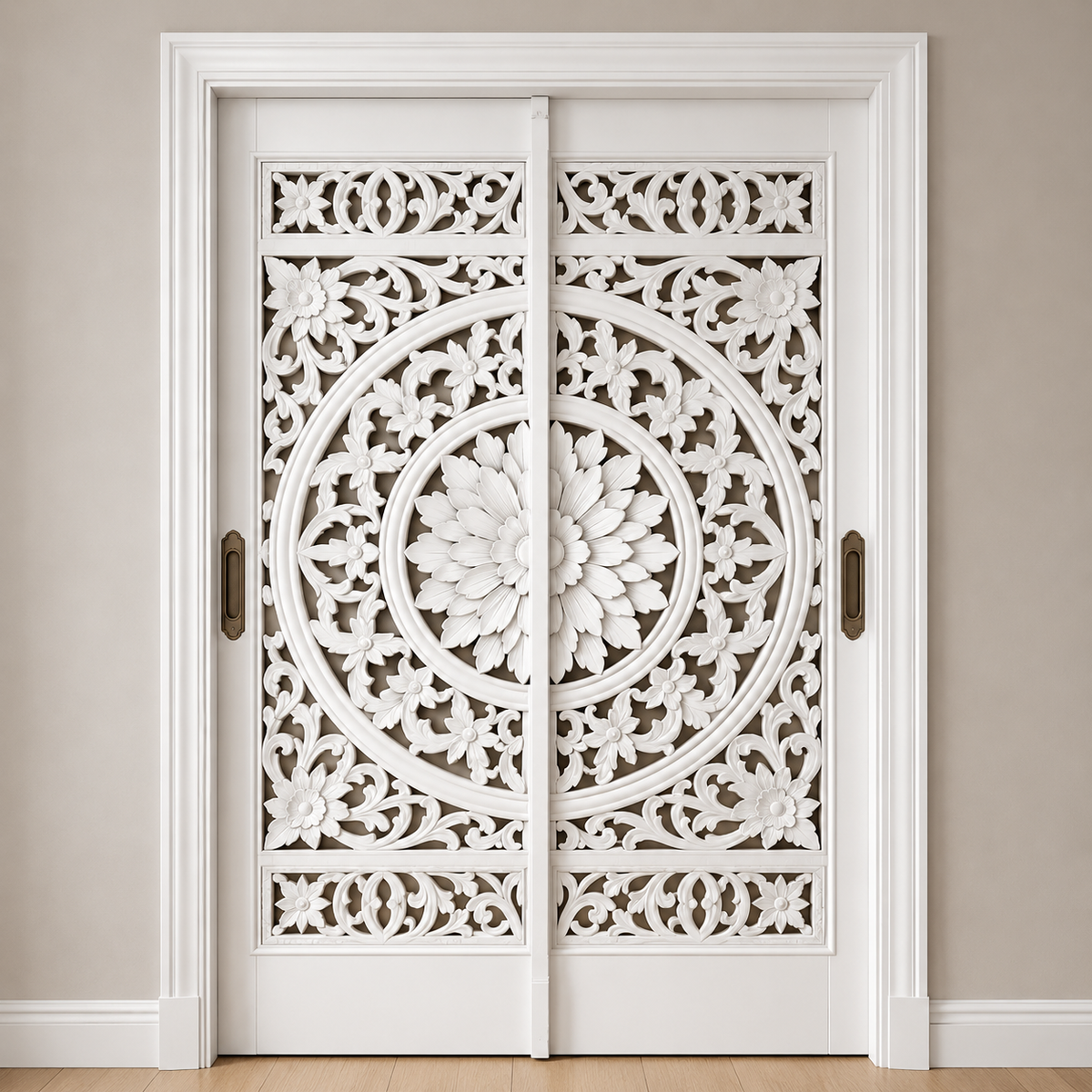 White Hand-Carved Sliding Barn Door – Minimalist Floral Vine Carving – view 3