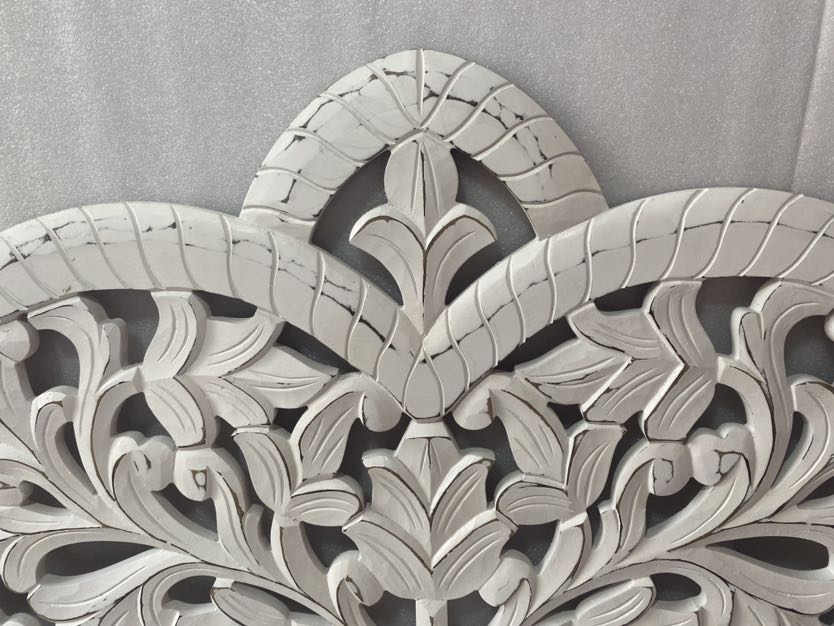 Luxurious Bohemian hand-carved white coastal king bed headboard by Crafted Fashions