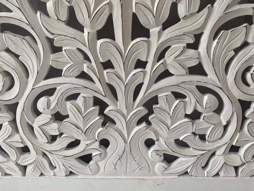 Luxurious Bohemian hand-carved white coastal king bed headboard by Crafted Fashions