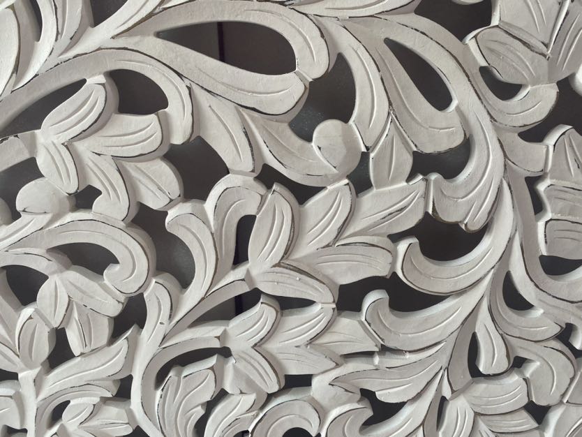 Luxurious Bohemian hand-carved white coastal king bed headboard by Crafted Fashions