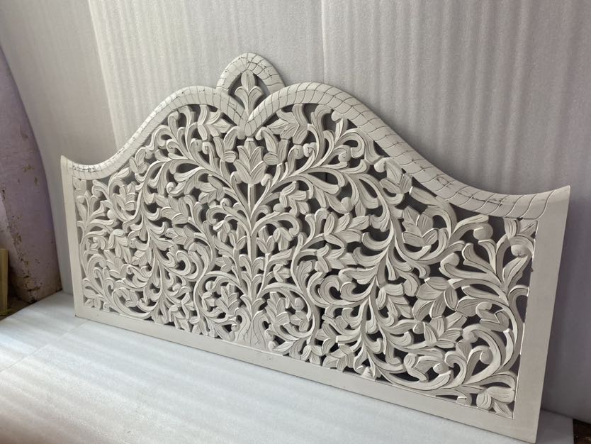 Luxurious Bohemian hand-carved white coastal king bed headboard by Crafted Fashions