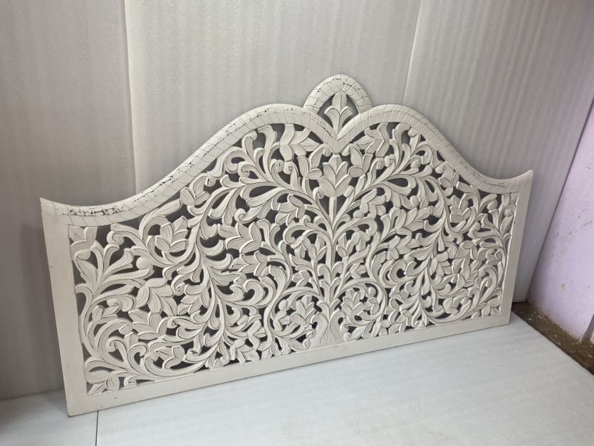 Luxurious Bohemian hand-carved white coastal king bed headboard by Crafted Fashions