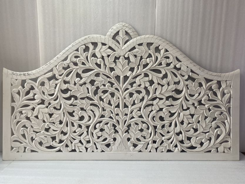 Luxurious Bohemian hand-carved white coastal king bed headboard by Crafted Fashions