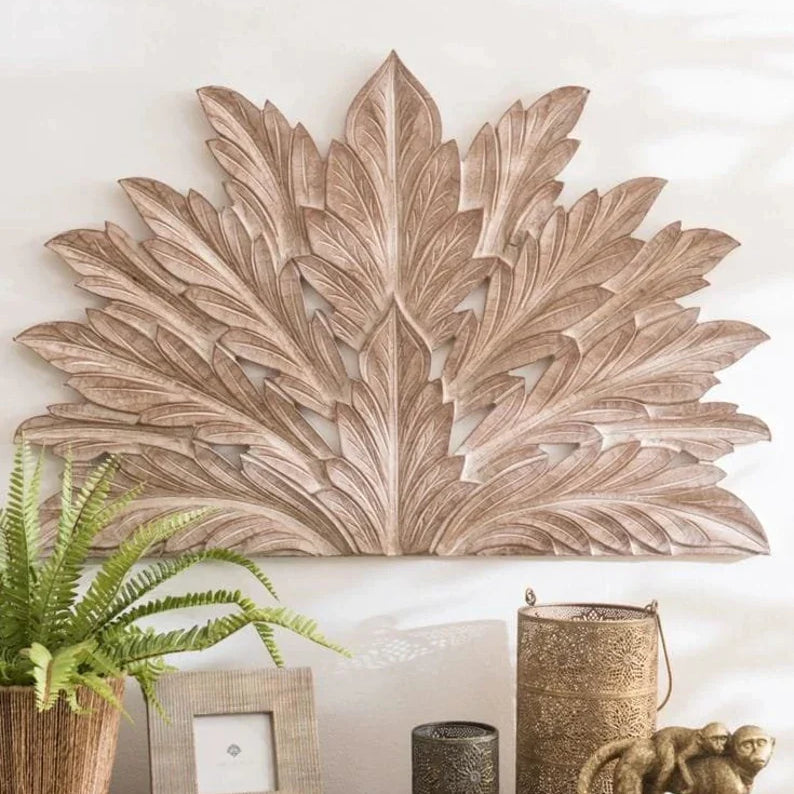 hanging plant headboard The Hand Carved Palm Leaf Wall Art Bed Headboard – Crafted Fashions