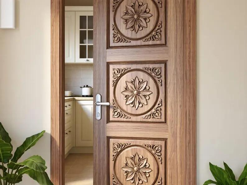 Natural Finish Hand-Carved Solid Wood Door – Floral Medallion & Vines – view 2