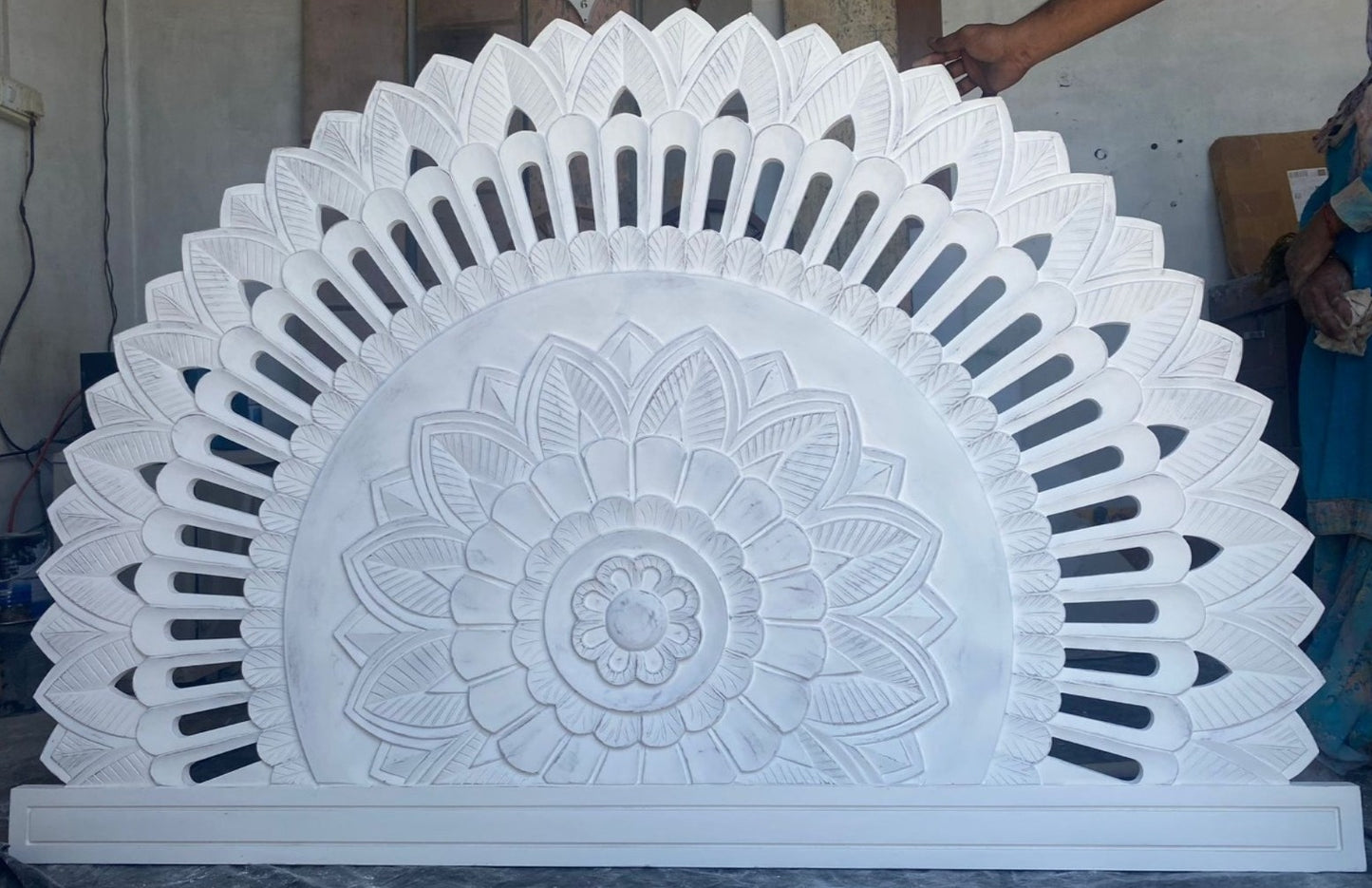 Luxurious White Washed half-moon Bed headboard with Balinese Design by Crafted Fashions