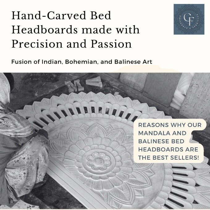 Luxurious White Washed half-moon Bed headboard with Balinese Design by Crafted Fashions