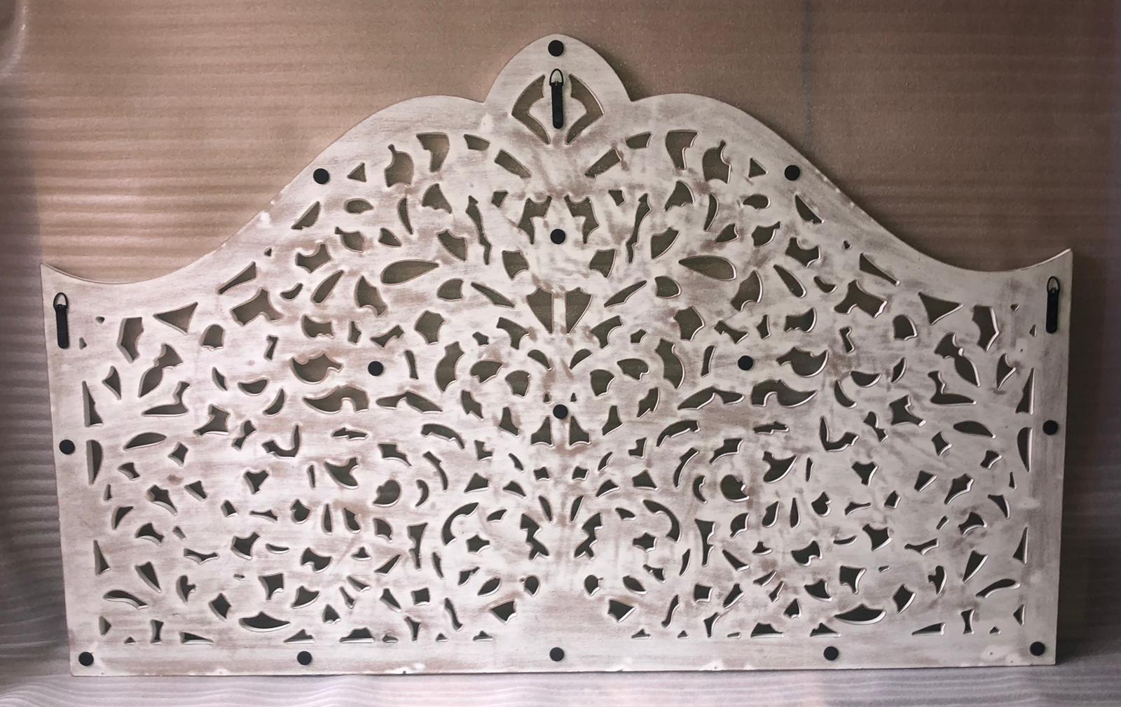 Luxurious Bohemian hand-carved white coastal king bed headboard by Crafted Fashions