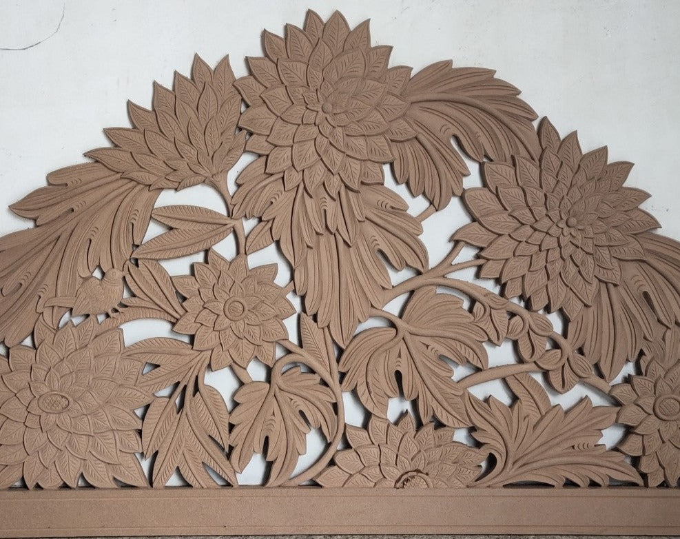 Handmade Carved Bed Headboard Bohemian Half Moon Lotus Decor Boho by Crafted Fashions