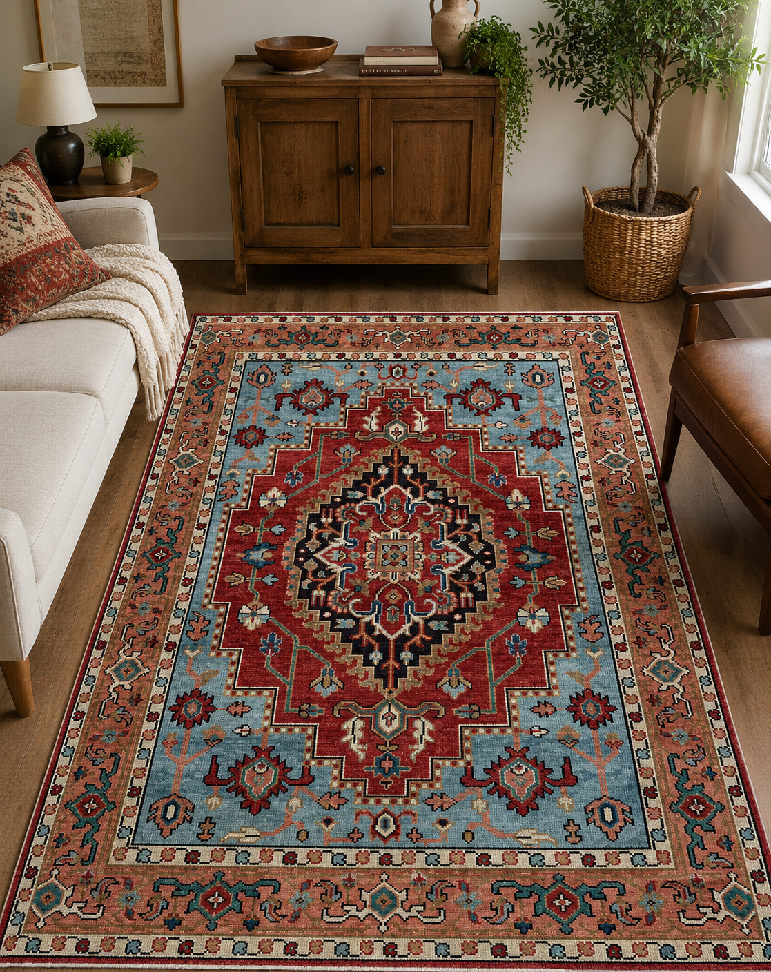 Hand-Knotted Heriz Area Rug – Multi-Color Wool & Silk, High-Low Pile – view 3