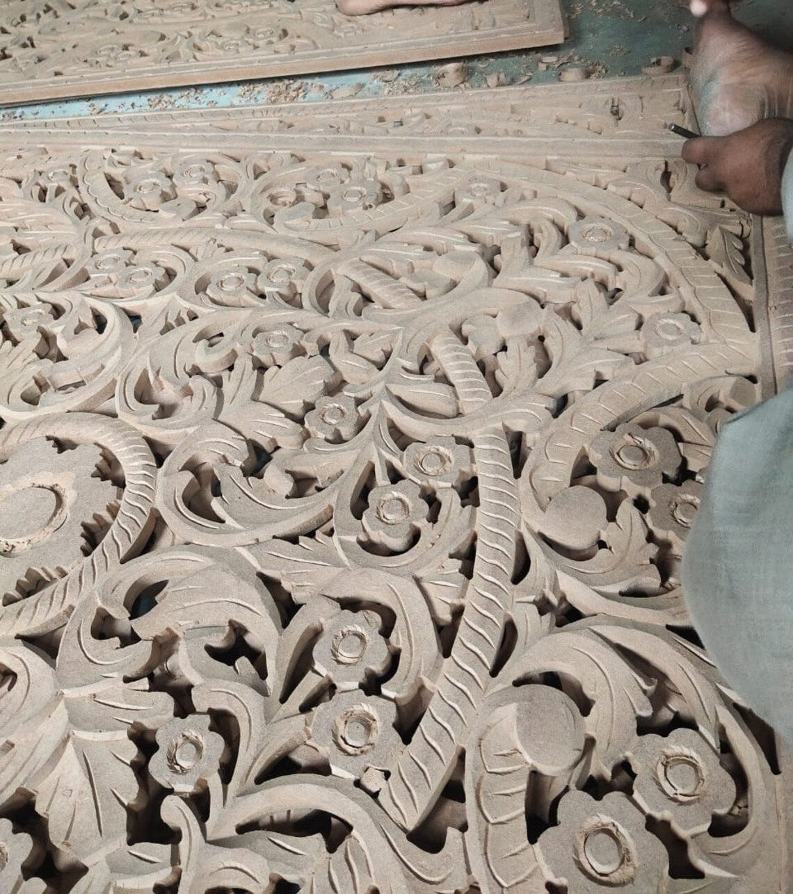 Victoria Hand Carved Mandala Wall Mount Wood Bed Headboard by Crafted Fashions