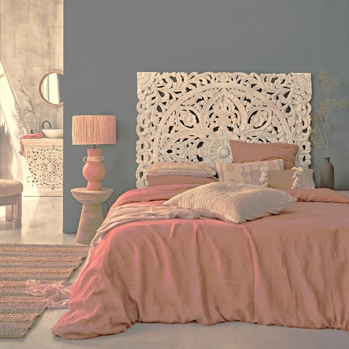 Victoria Hand Carved Mandala Wall Mount Wood Bed Headboard by Crafted Fashions