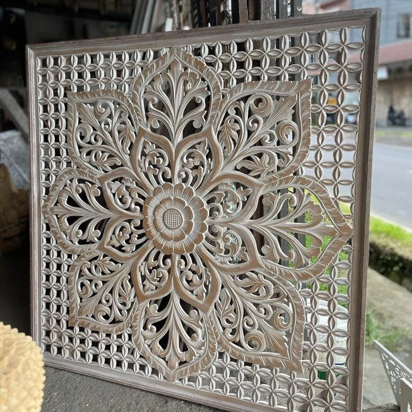 Balinese Hand Carved Mandala Bed Headboard Dahayu Decor Wood Wall Art by Crafted Fashions