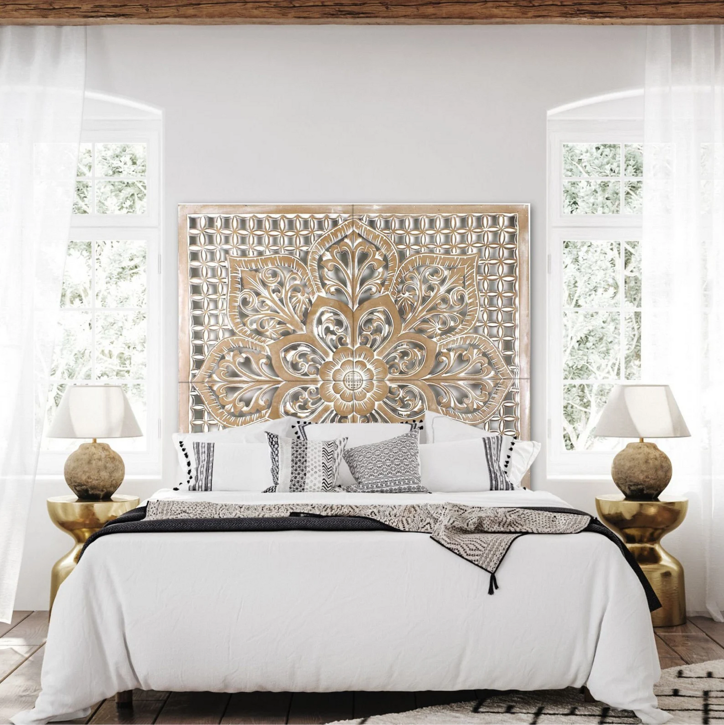 Balinese Hand Carved Mandala Bed Headboard Dahayu Decor Wood Wall Art by Crafted Fashions