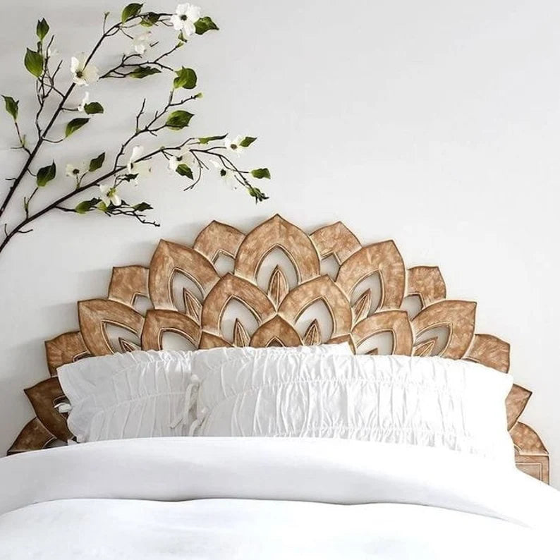 California King Luxury White Wash Half Moon Bed Headboard Wood Panel by Crafted Fashions