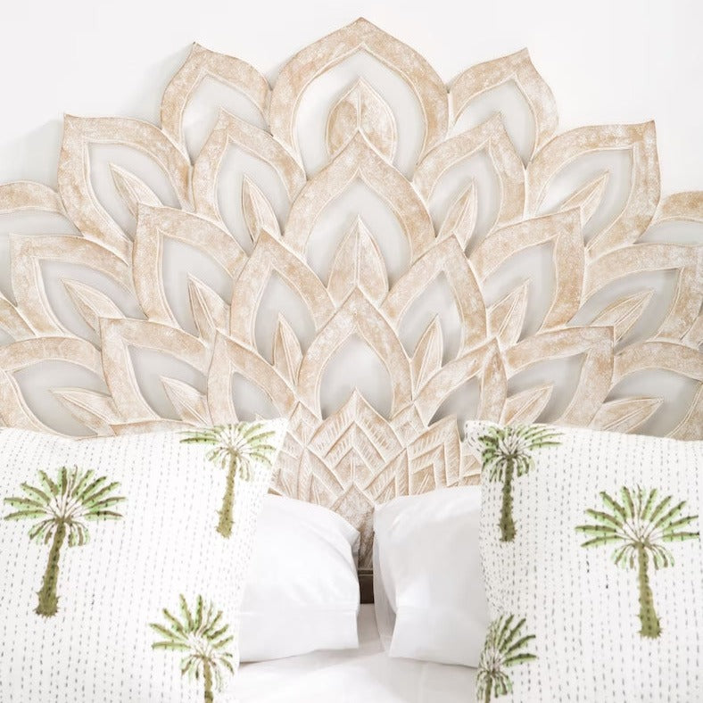 Handmade Carved Bed Headboard Bohemian Half Moon Lotus Decor Boho by Crafted Fashions