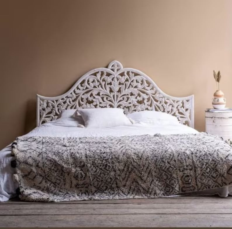 Luxurious Bohemian hand-carved white coastal king bed headboard by Crafted Fashions