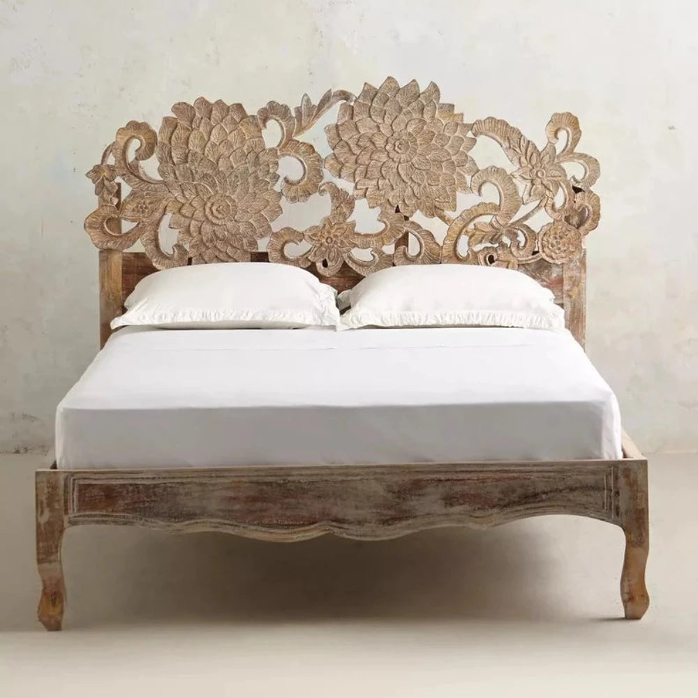 Handcarved Wood Bed frame-anchoring Piece Carving Traditional Styles Tropical Hardwood