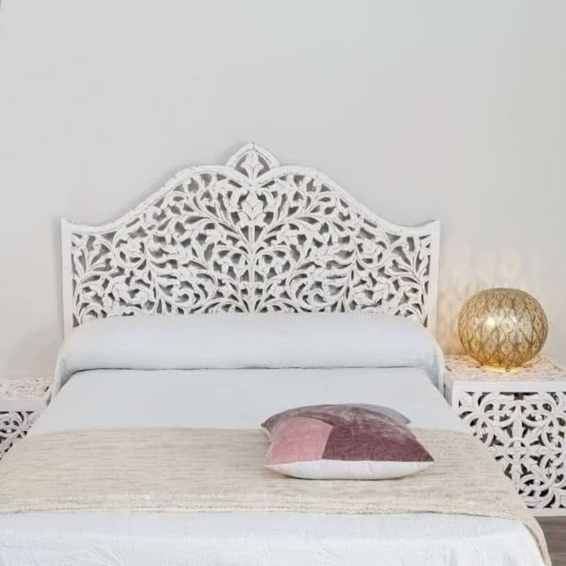 Luxurious Bohemian hand-carved white coastal king bed headboard by Crafted Fashions