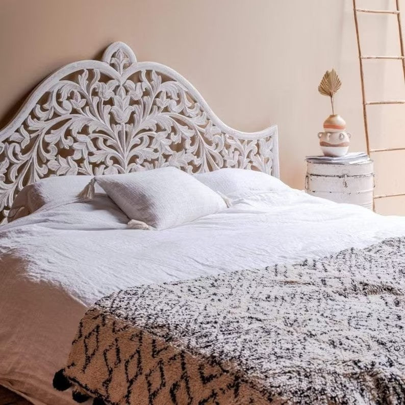 Luxurious Bohemian hand-carved white coastal king bed headboard by Crafted Fashions