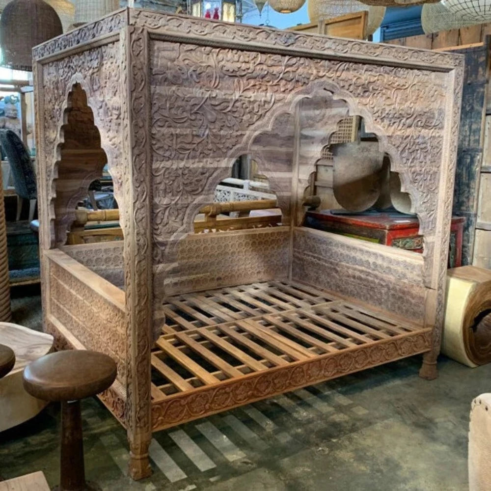 Hand Carved Arabic Bed Frame, Traditional Styles Tropical Hardwood